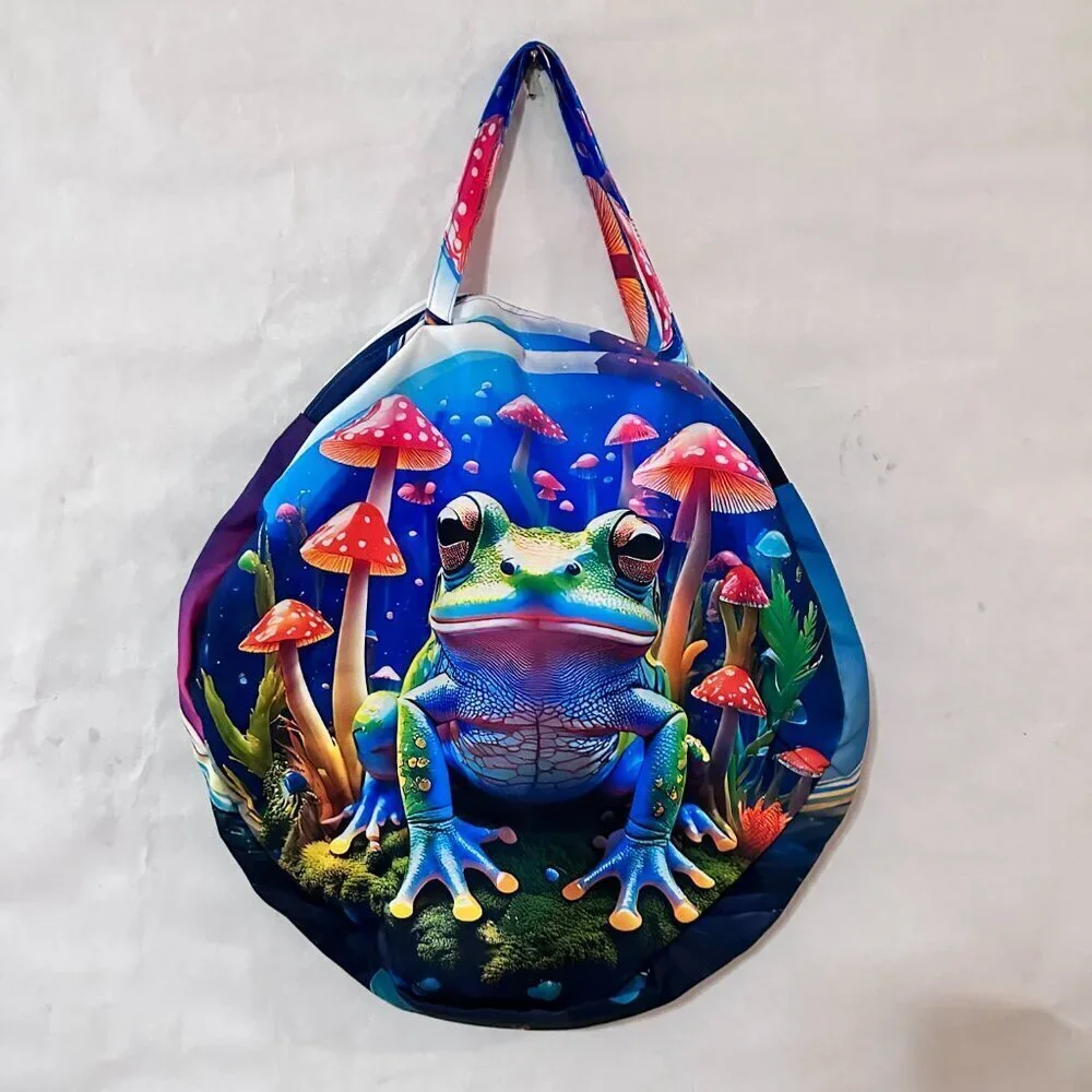 Psychedelic Mushroom Frog Gigantic Round Tote Huge Canvas Circle Bag 3D Festival